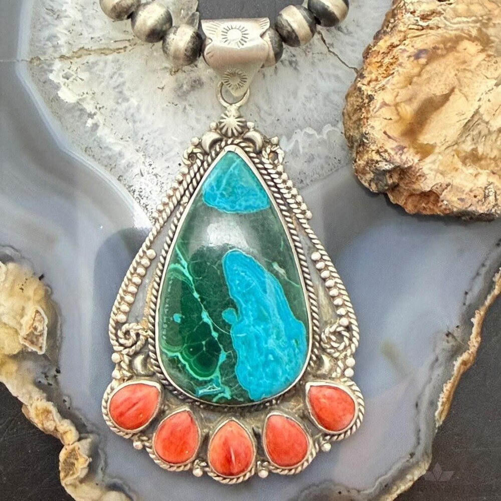 Sterling Southwestern Style Teardrop Malachite Chrysocolla &Spiny Oyster Pendant